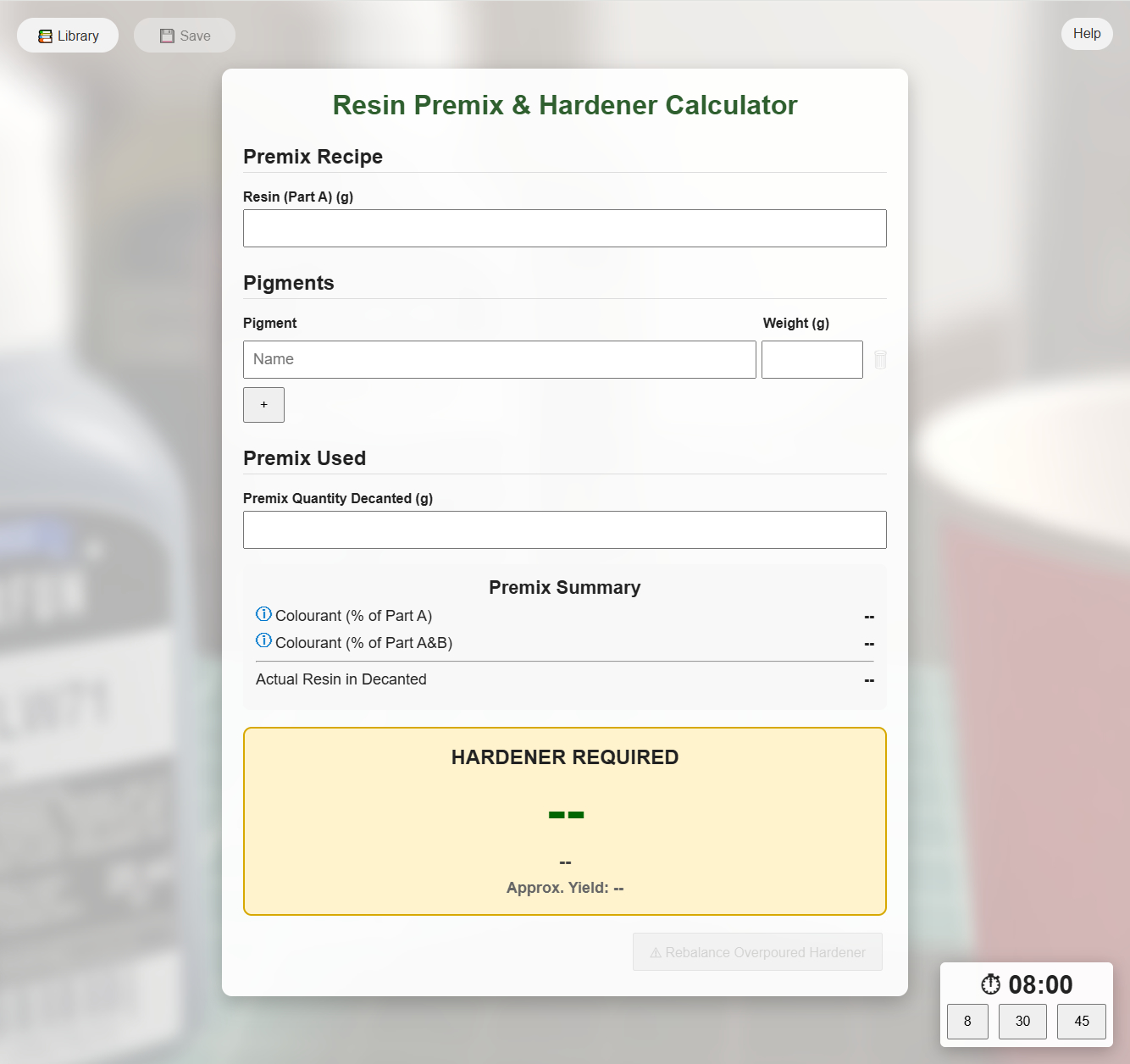 A screenshot of the Resin/Hardener Calculator